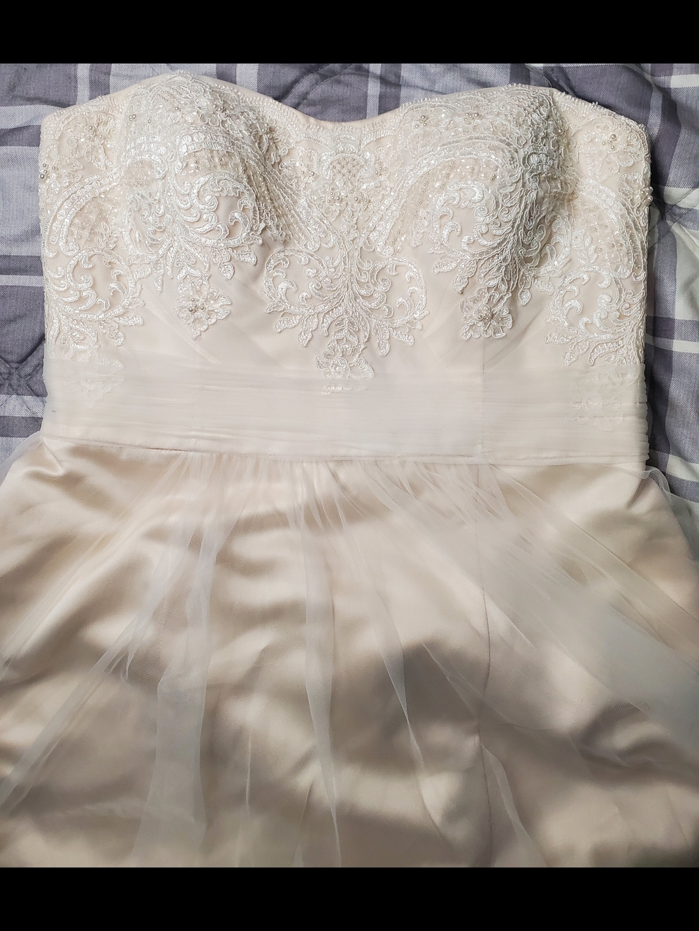 David's Bridal Strapless Champagne Lining Ivory Tulle Beaded Bodice Wedding Gown